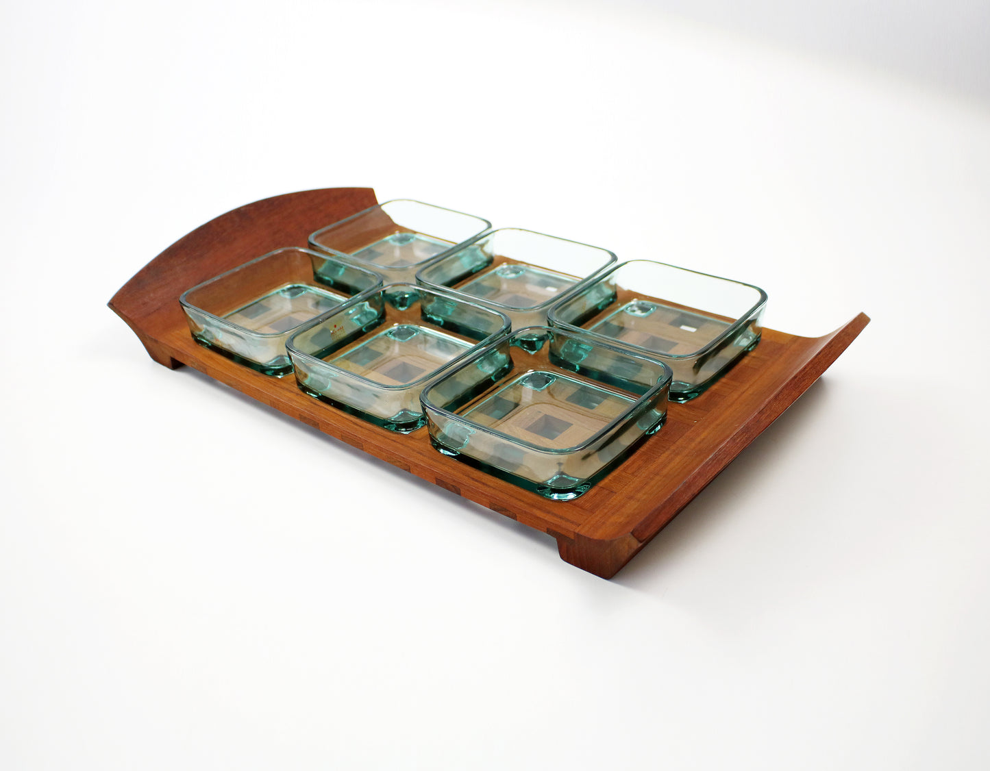 Jens Quistgaard Dansk Designs lattice teak and glass dish serving tray Signed JHQ