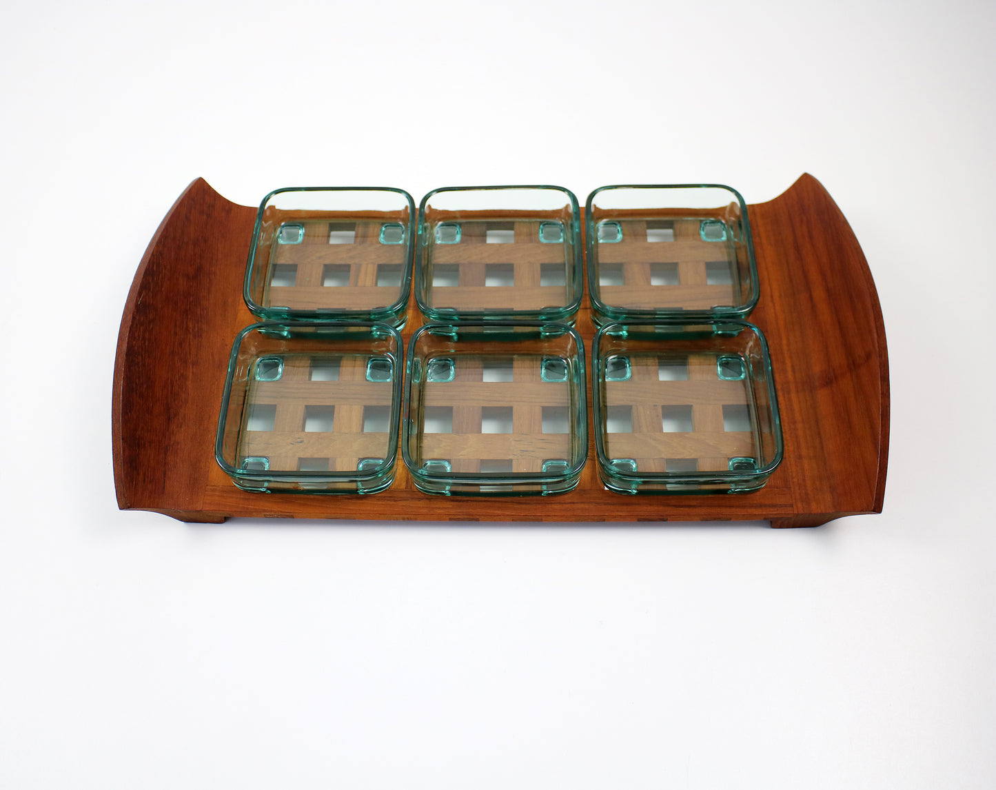 Jens Quistgaard Dansk Designs lattice teak and glass dish serving tray Signed JHQ