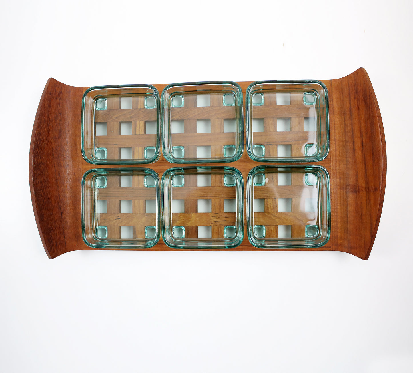 Jens Quistgaard Dansk Designs lattice teak and glass dish serving tray Signed JHQ