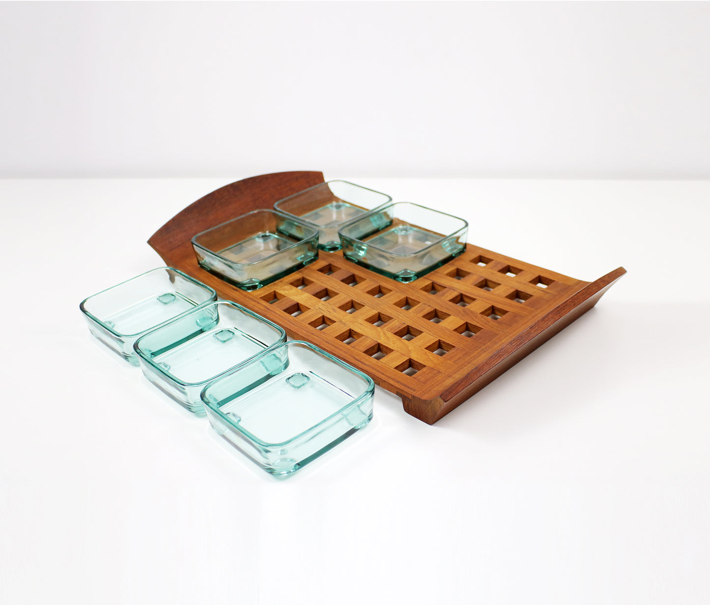 RESERVED RC - mid century glass top coffee table, jens quistgard tray, 1980s cocktail glasses