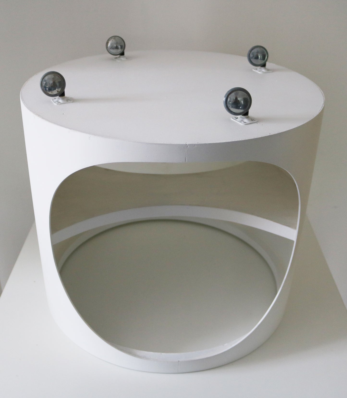 Rare 1970s space age white painted ply and smoked glass trolley with cut outs and shelf - Holland / Germany