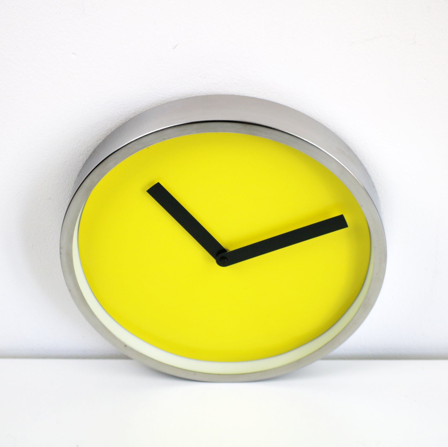 Preloved minimalist wall clock by IKEA space age yellow, black and steel