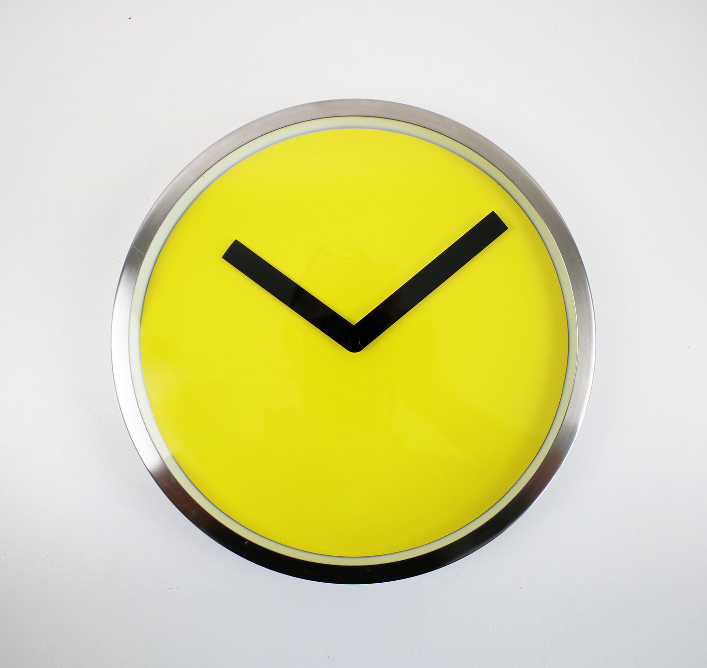 Preloved minimalist wall clock by IKEA space age yellow, black and steel
