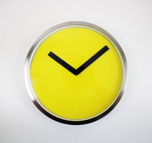 Preloved minimalist wall clock by IKEA space age yellow, black and steel