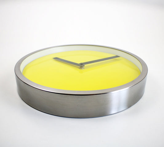 Preloved minimalist wall clock by IKEA space age yellow, black and steel