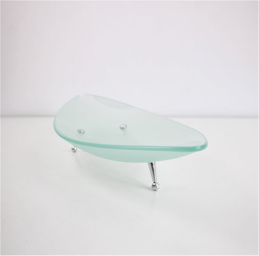 early 2000s elliptical frosted glass fruit bowl dish with metal atomic feet