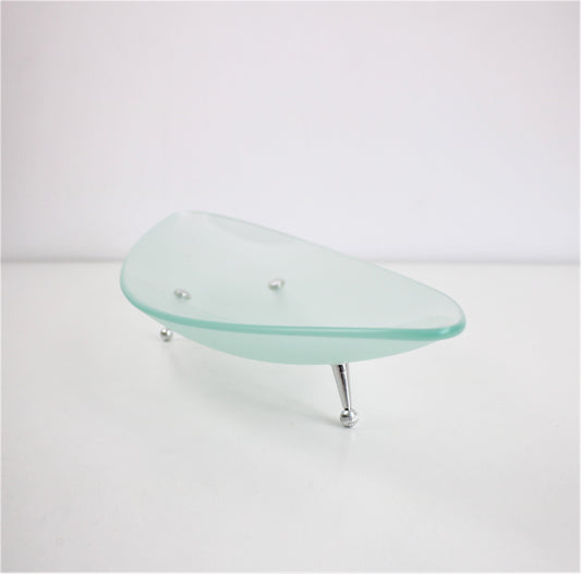 early 2000s elliptical frosted glass fruit bowl dish with metal atomic feet 