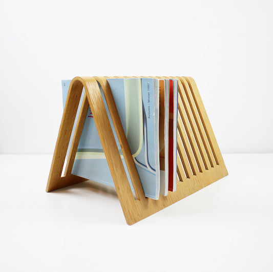 Vintage bent plywood beech veneer magazine rack / vinyl record storage 1980s 1990s