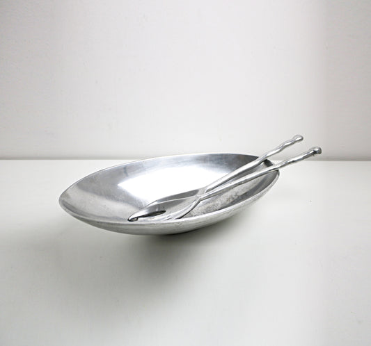 1990s Valerie Graham postmodern salad bowl and servers set in alumnium
