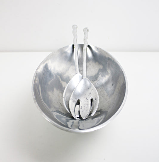 1990s Valerie Graham postmodern salad bowl and servers set in alumnium