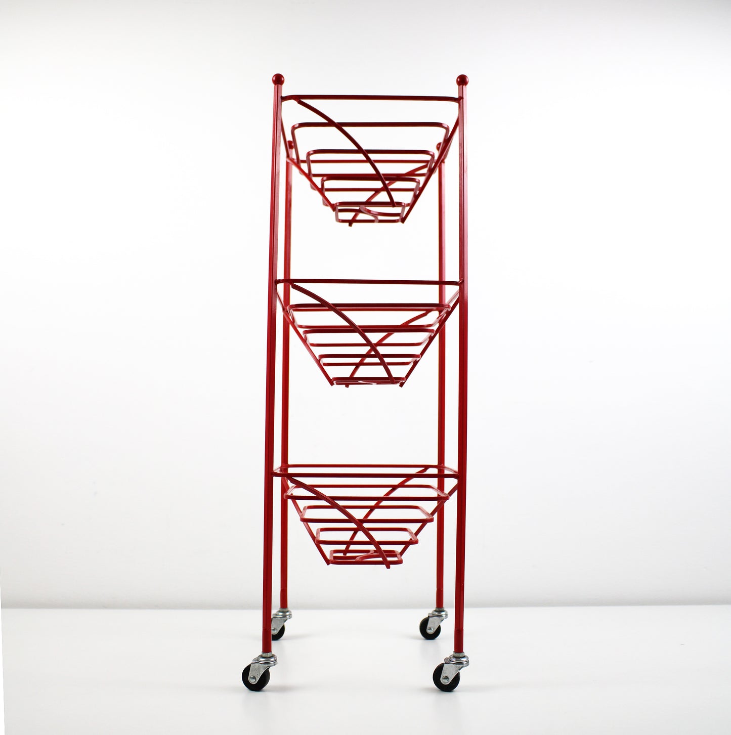 Preloved 3 tier fruit basket vegetable trolley - atomic revival red coated steel - late 20th century
