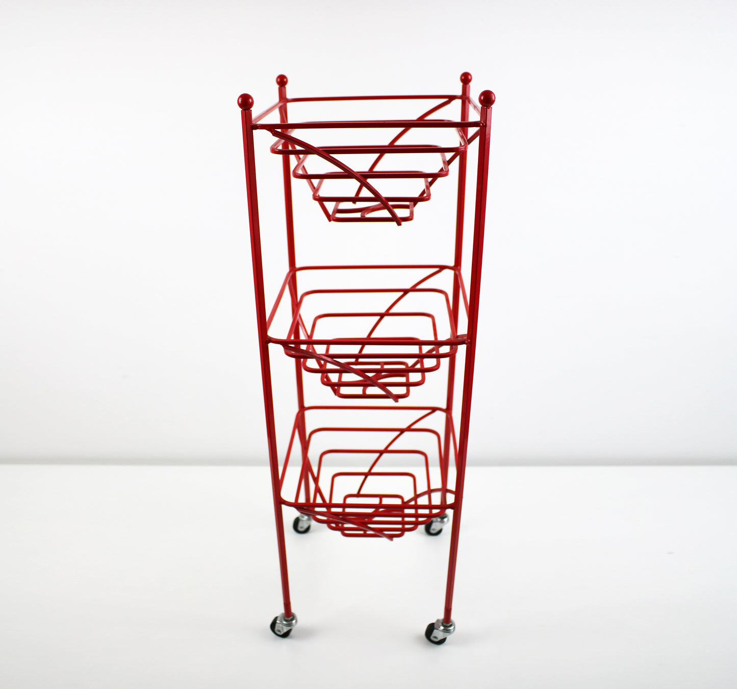 Preloved 3 tier fruit basket vegetable trolley - atomic revival red coated steel - late 20th century