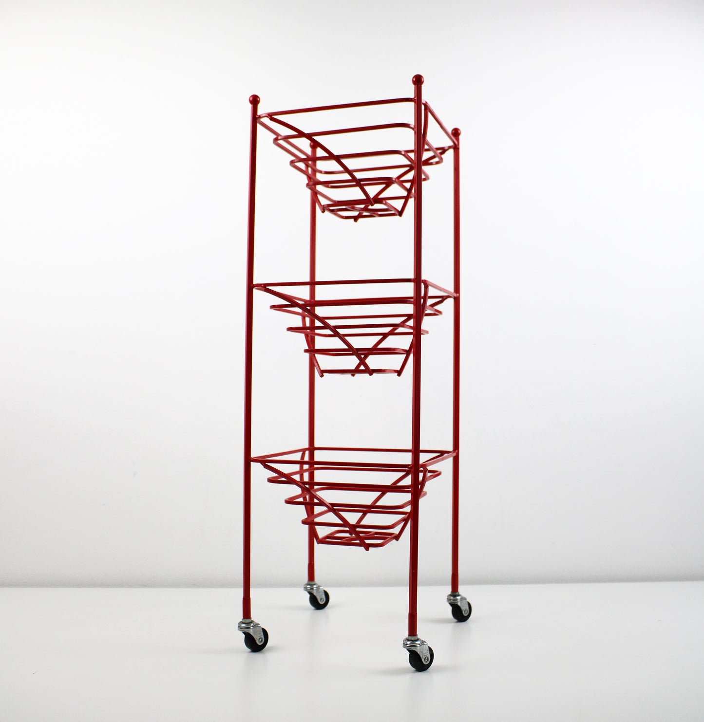 Preloved 3 tier fruit basket vegetable trolley - atomic revival red coated steel - late 20th century