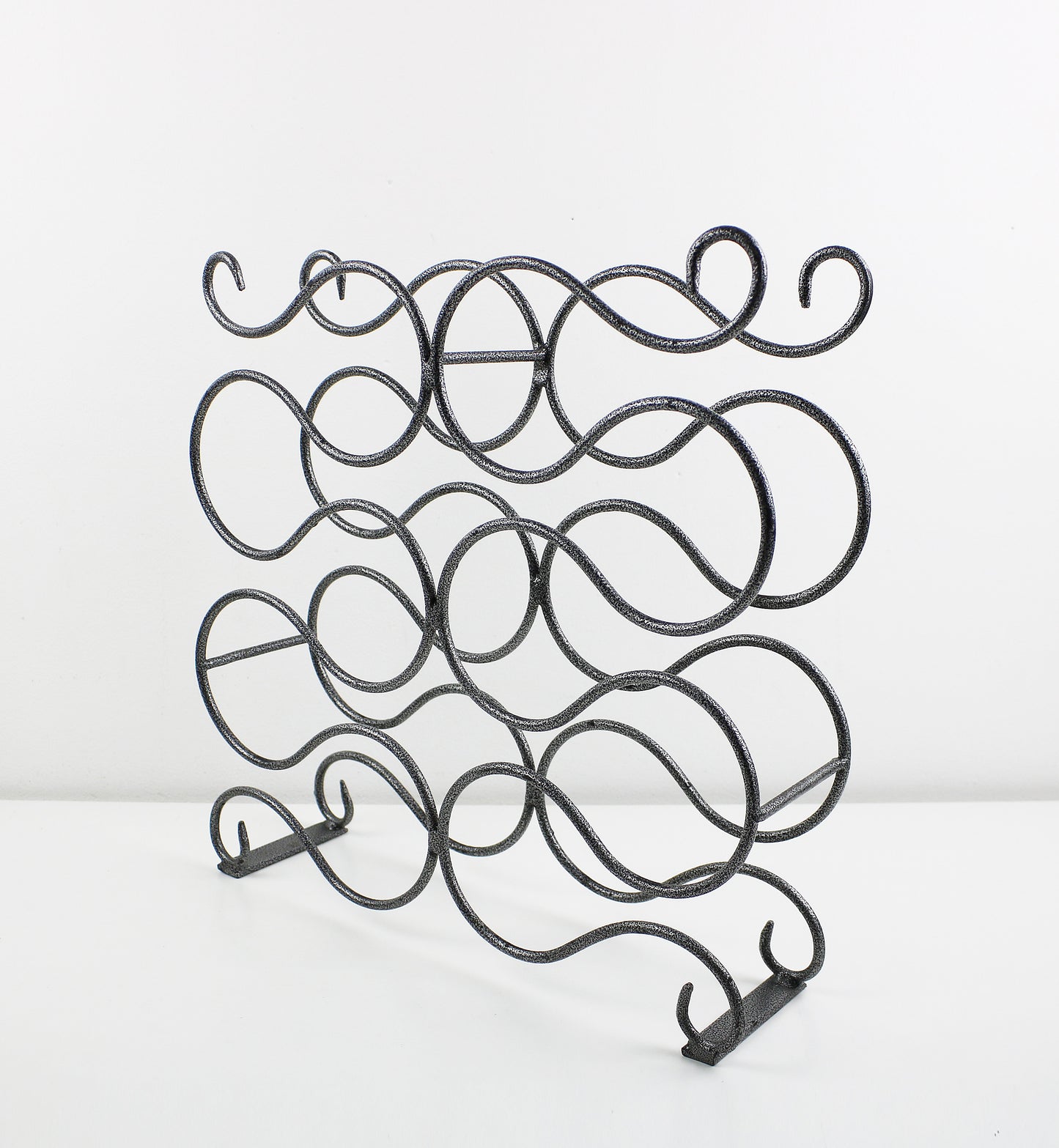 Grey and black scroll design iron wine rack