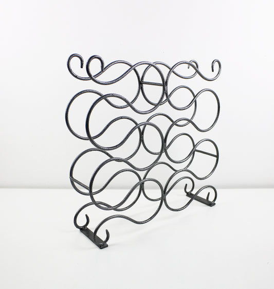 Industrial spanish revival hi tech wrought iron scroll swirly wine rack with black and grey speckle finish
