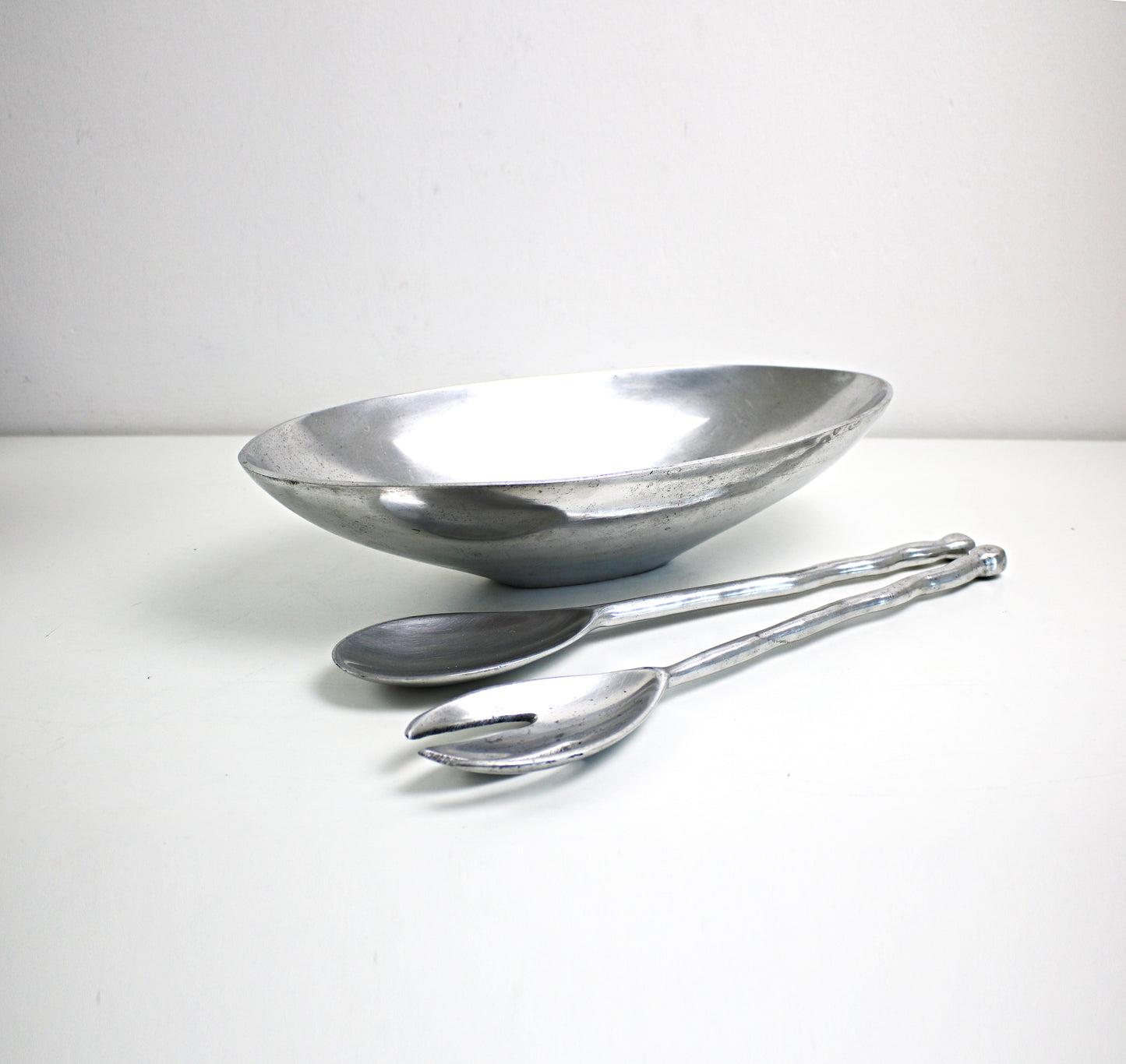 1990s Valerie Graham postmodern salad bowl and servers set in alumnium