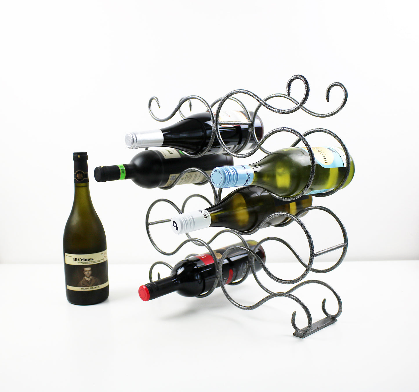 Grey and black scroll design iron wine rack