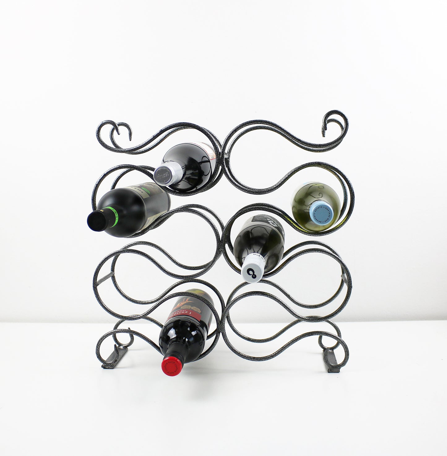 Grey and black scroll design iron wine rack