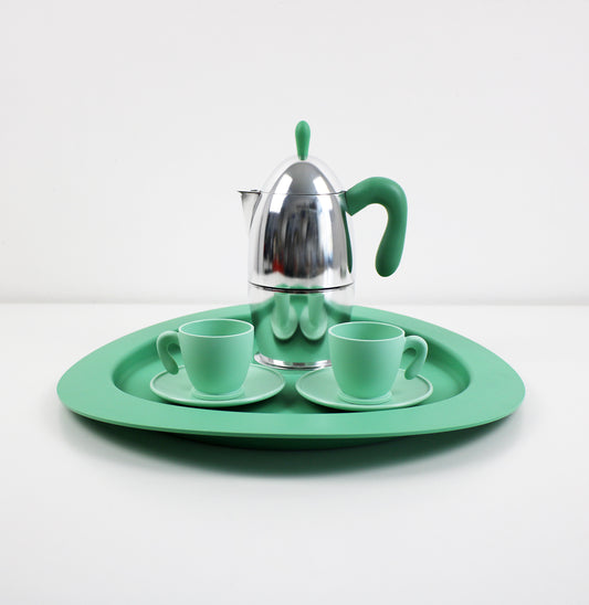 Vintage unused Guzzini espresso coffee set with tray - green.
