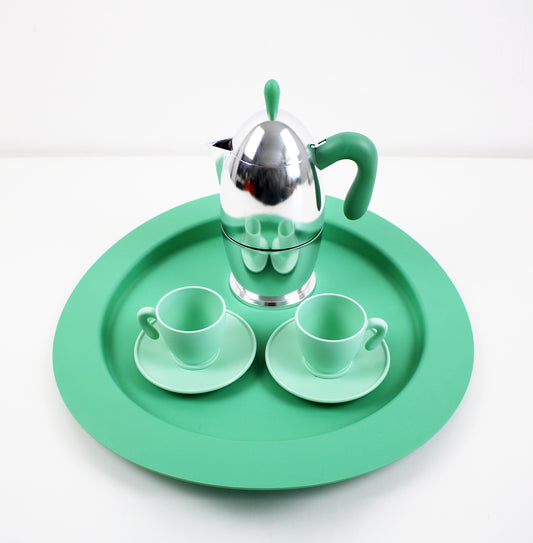 Vintage unused Guzzini espresso coffee set with tray - green.
