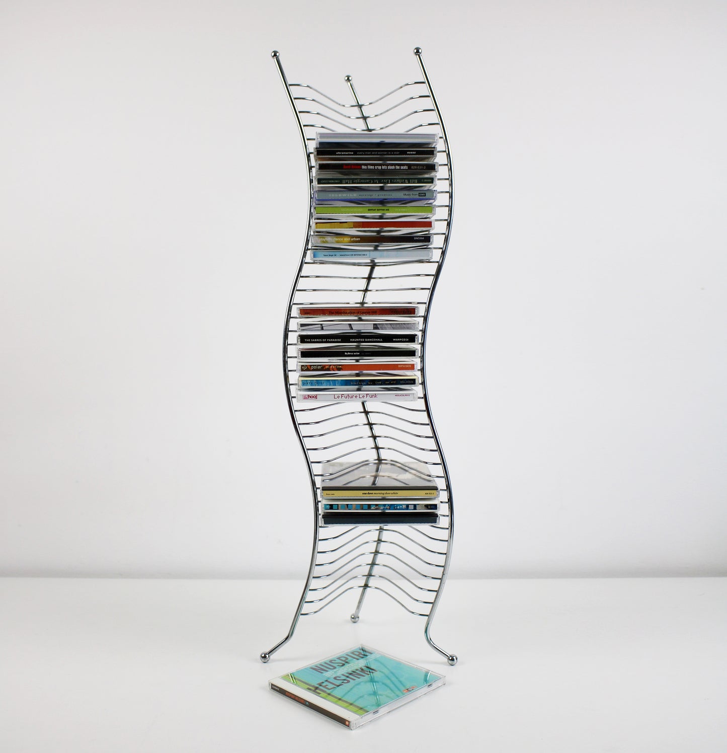 Postmodern wavy chrome CD tower - 40 CDs. Preloved 1980s / 90s
