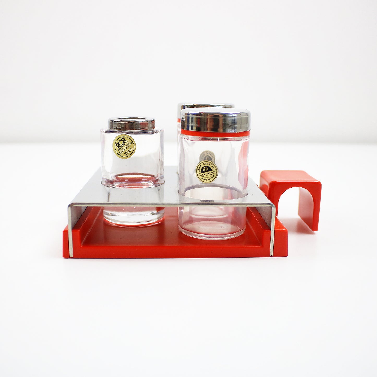 1970s Line+ABS RARE Abert containers in bright orange acrylic, glass and stainless steel 3 styles available