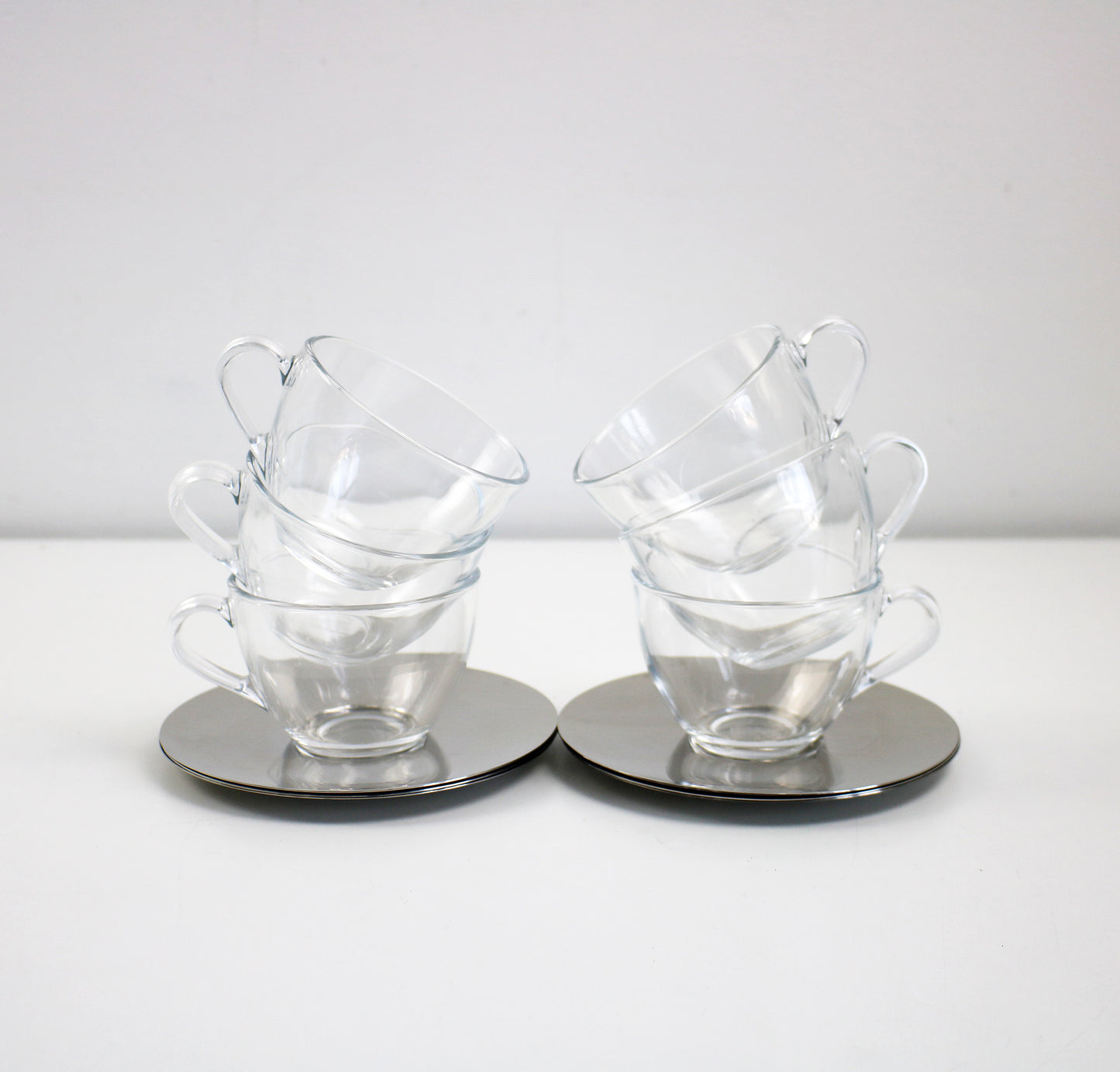 Set of 6 preloved Bodum glass teacups large coffee cups with stainless steel saucers