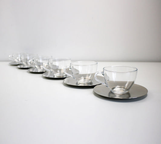 Set of 6 preloved Bodum glass teacups large coffee cups with stainless steel saucers