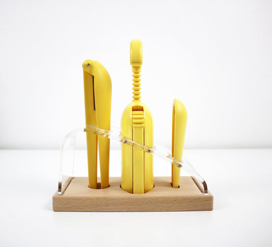 1980s Dario Foglio design bar set (Thema Progetti for Guzzini) bottle opener, corkscrew and nutcrackers