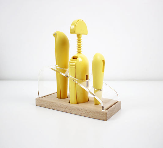 1980s Dario Foglio design bar set (Thema Progetti for Guzzini) bottle opener, corkscrew and nutcrackers