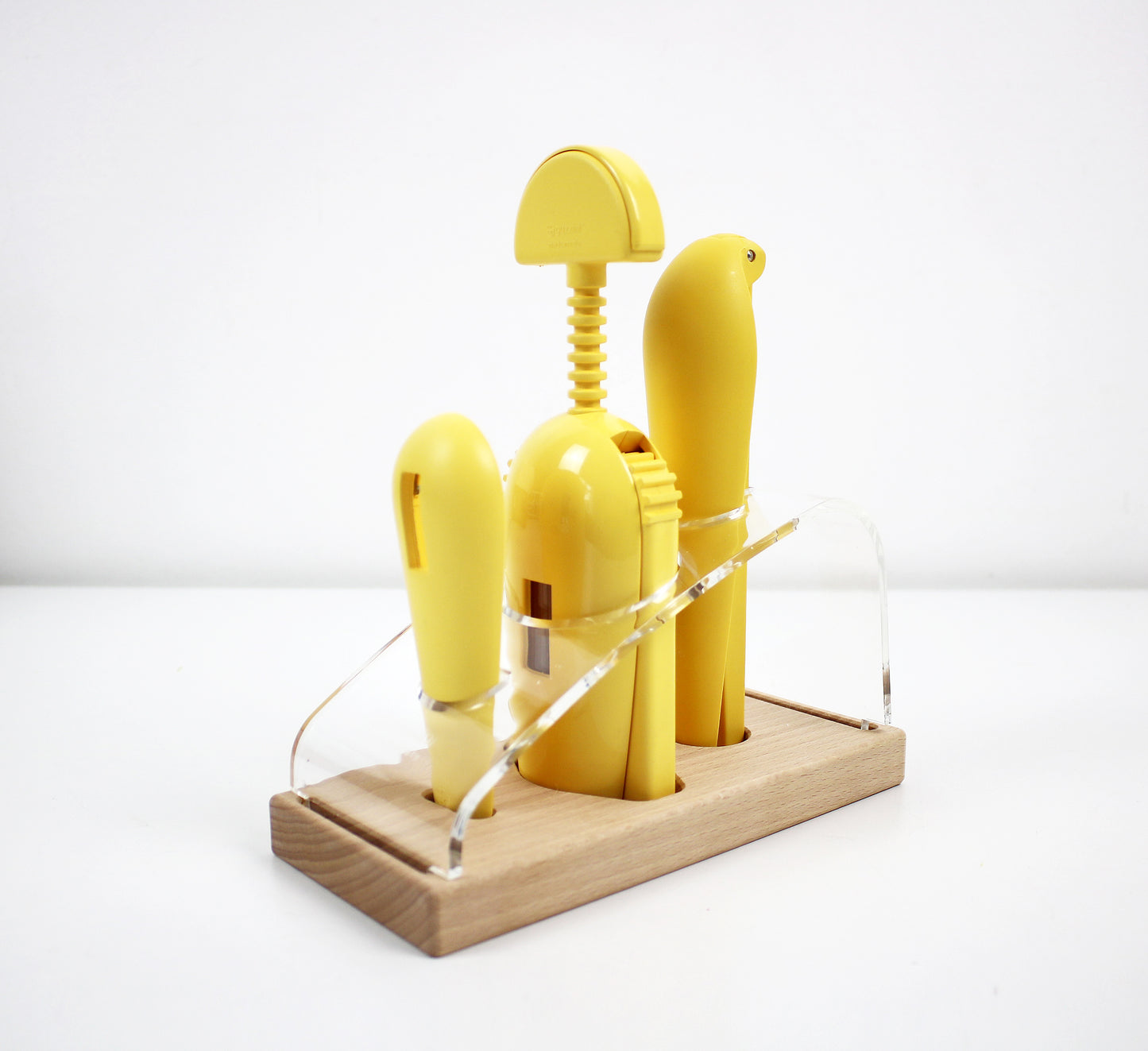 1980s Dario Foglio design bar set (Thema Progetti for Guzzini) bottle opener, corkscrew and nutcrackers