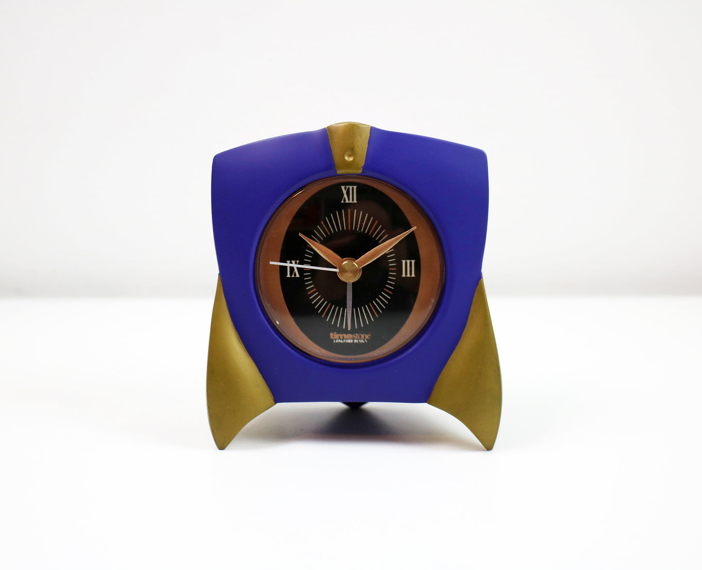 Memphis inspired postmodern mantle clock in purple and gold by Timestone Longford Design