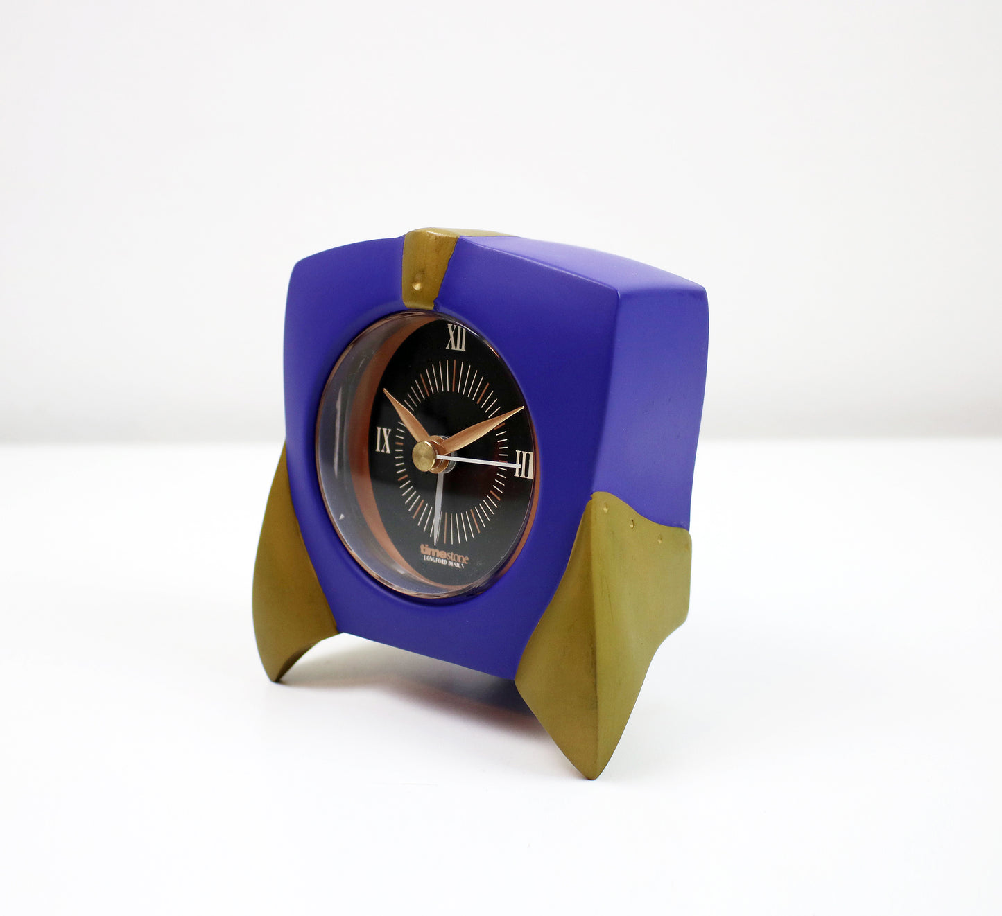 Memphis inspired postmodern mantle clock in purple and gold by Timestone Longford Design