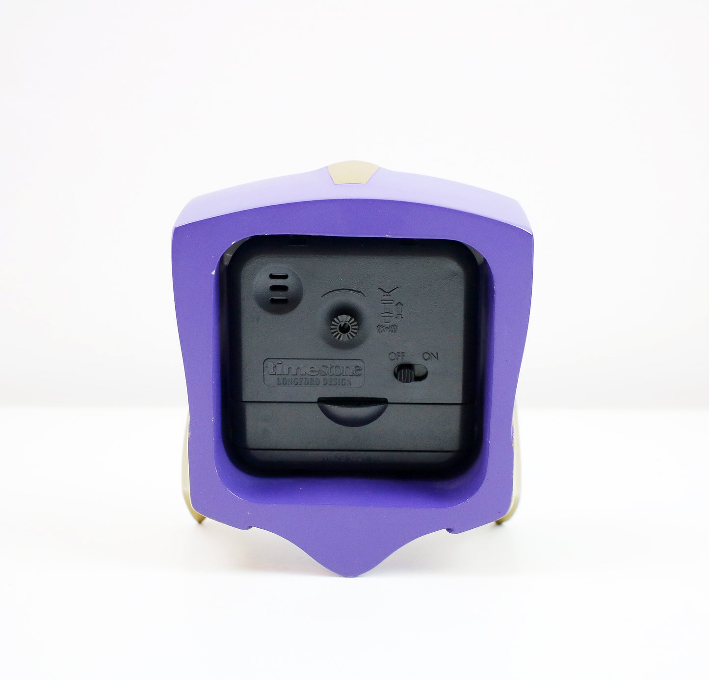Memphis inspired postmodern mantle clock in purple and gold by Timestone Longford Design