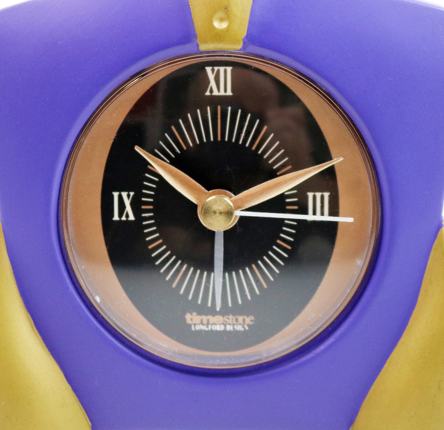 Memphis inspired postmodern mantle clock in purple and gold by Timestone Longford Design