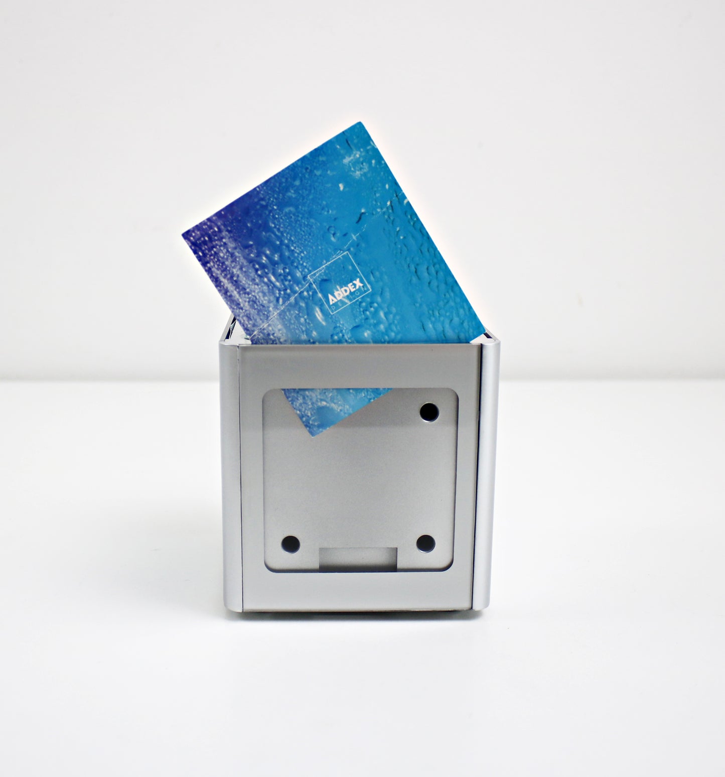 2002 Addex AD98 radio / photo cube in silver and blue lucite - rare vintage item in original box