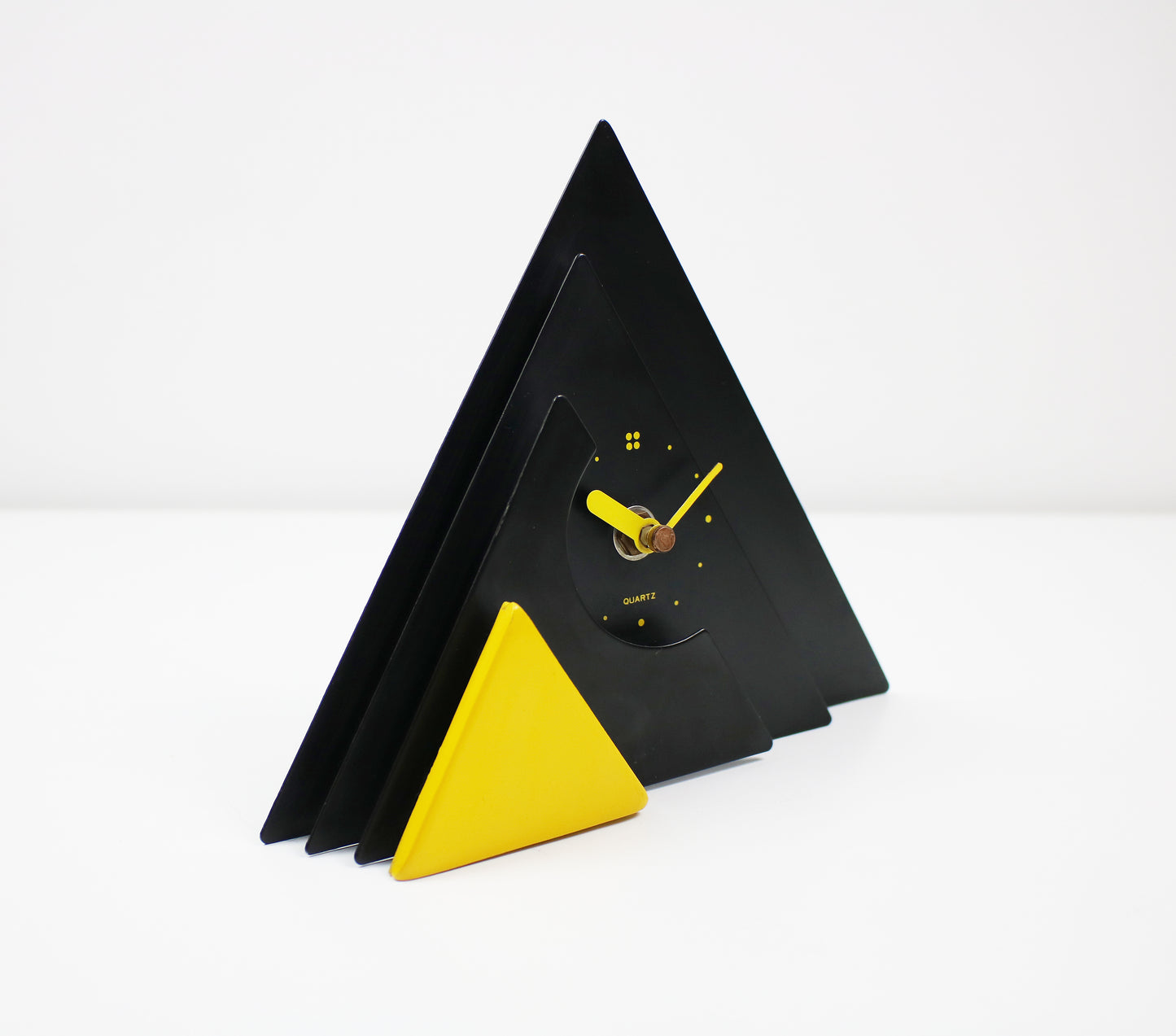 Post modern geometric mantle clock - black and yellow enamelled metal