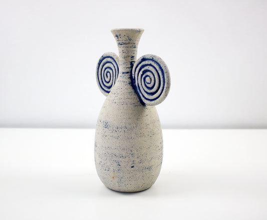 Memphis style studio pottery vase with blue spiral handles signed