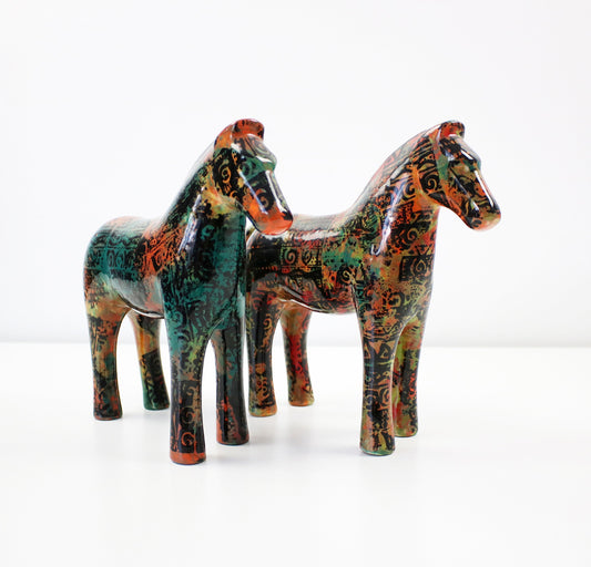 Aztec patterned ceramic horses signed JM Mayco 2006