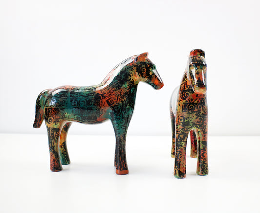 Aztec pattern glazed ceramic horses - hand decorated and signed JM Mayco 2006
