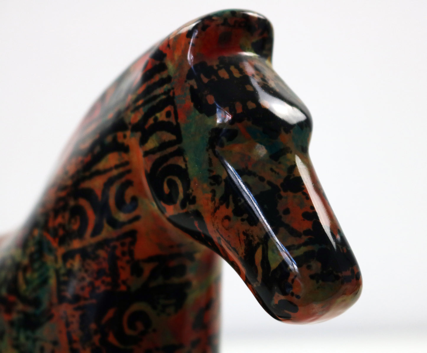 Aztec pattern glazed ceramic horses - hand decorated and signed JM Mayco 2006