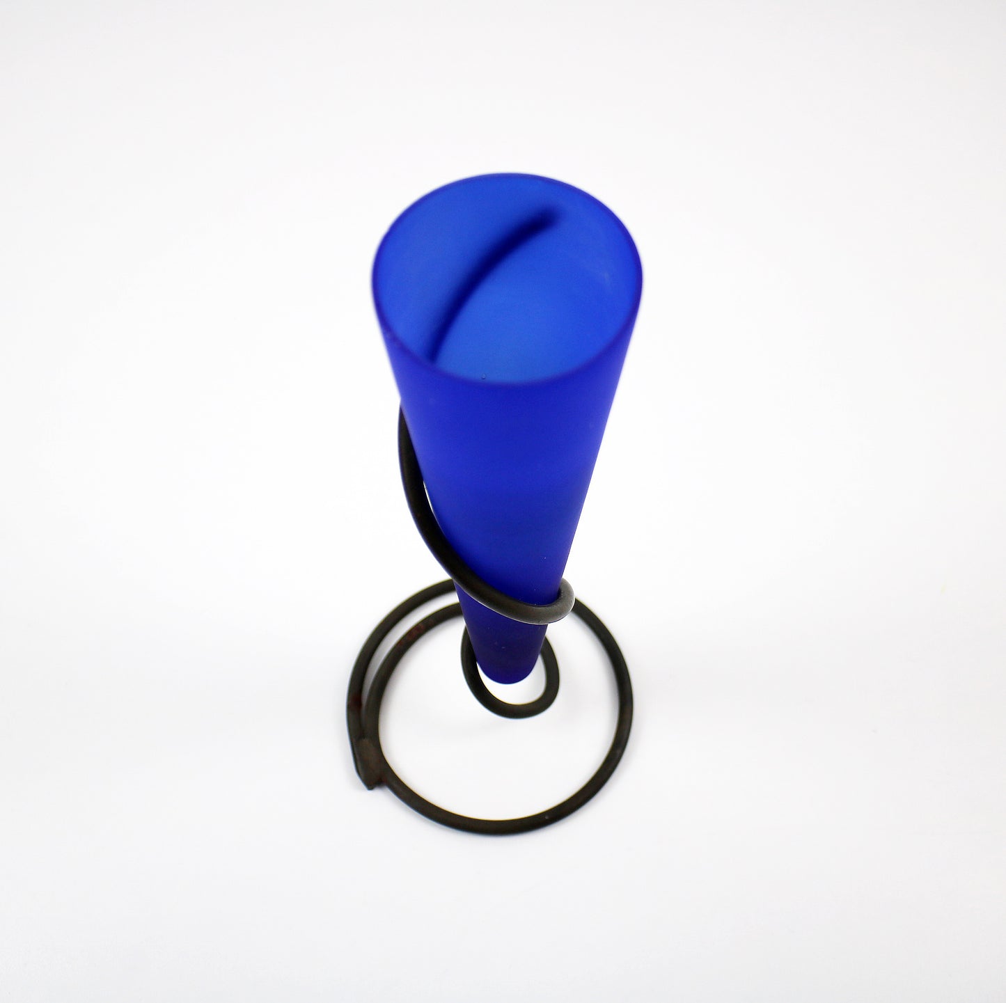 Deep blue glass cone vase in metal spiral holder - 24cm
