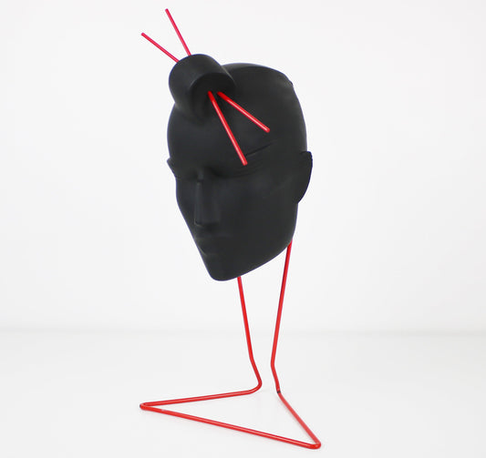 Original Lindsey B Stix resin sculpture in black on red metal stand
