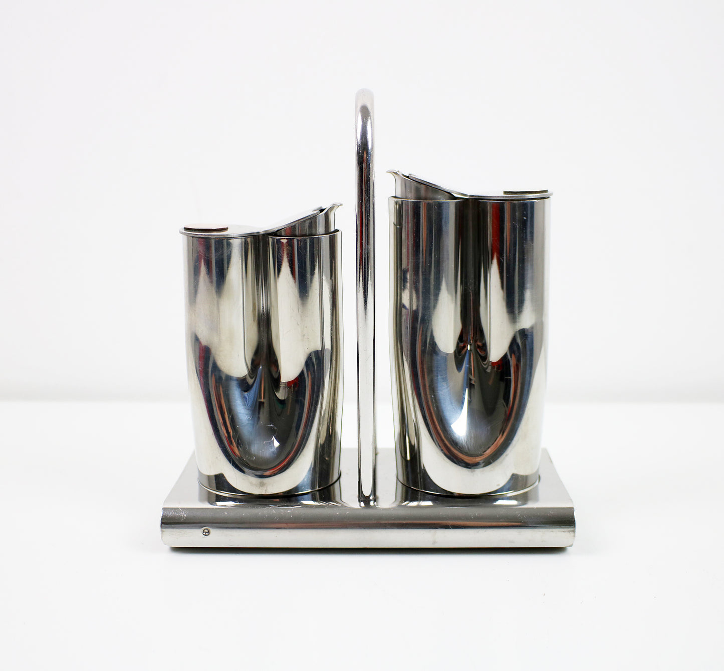 Vintage Italian dressing cruet set in stainless steel, brass and copper by Stella