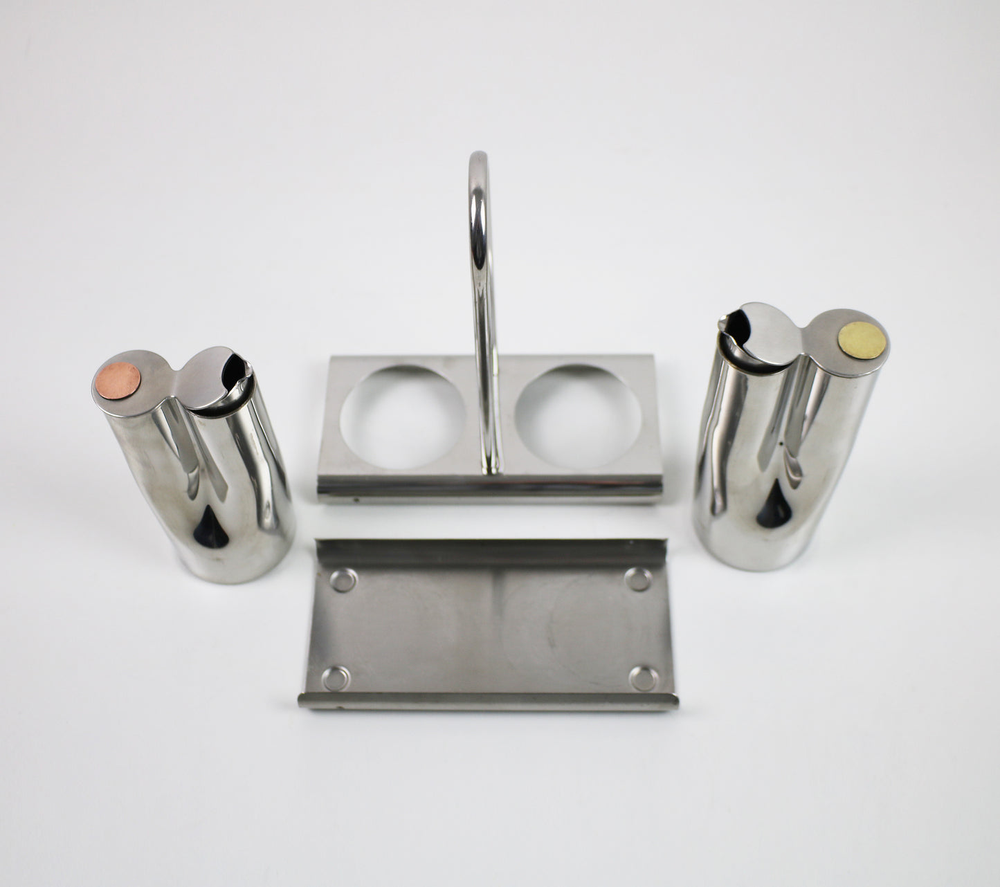 Vintage Italian dressing cruet set in stainless steel, brass and copper by Stella