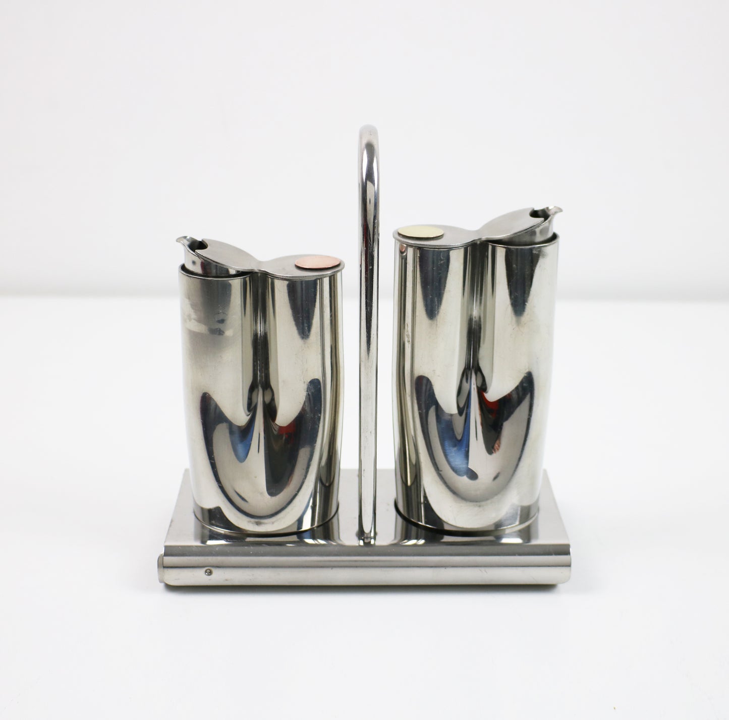 Vintage Italian dressing cruet set in stainless steel, brass and copper by Stella