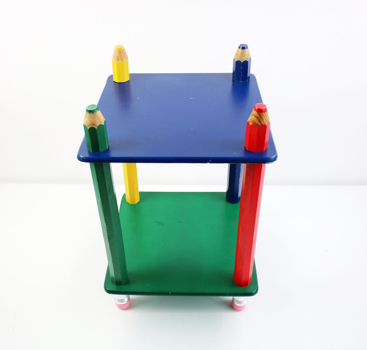 Postmodern wooden pencil shelf unit - 2 tier small - bedside / lamp table