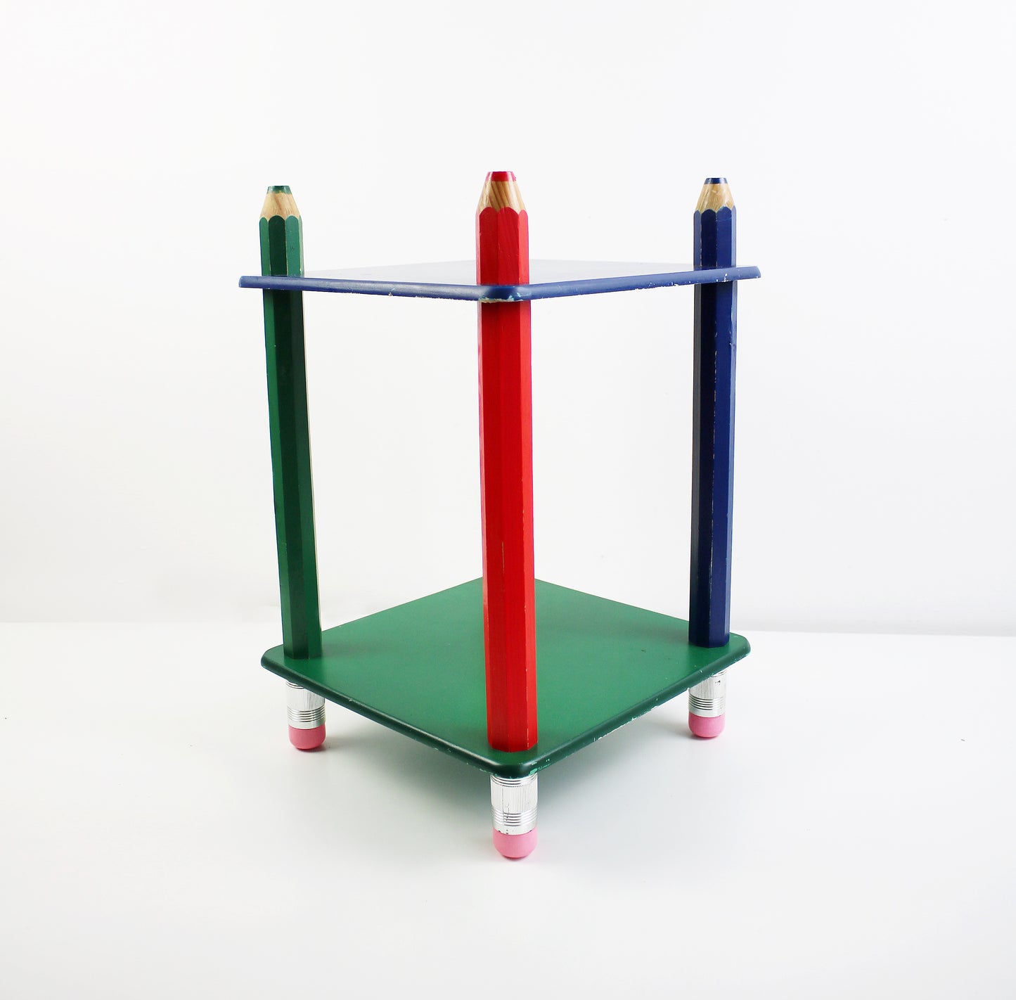 Postmodern wooden pencil shelf unit - 2 tier small - bedside / lamp table