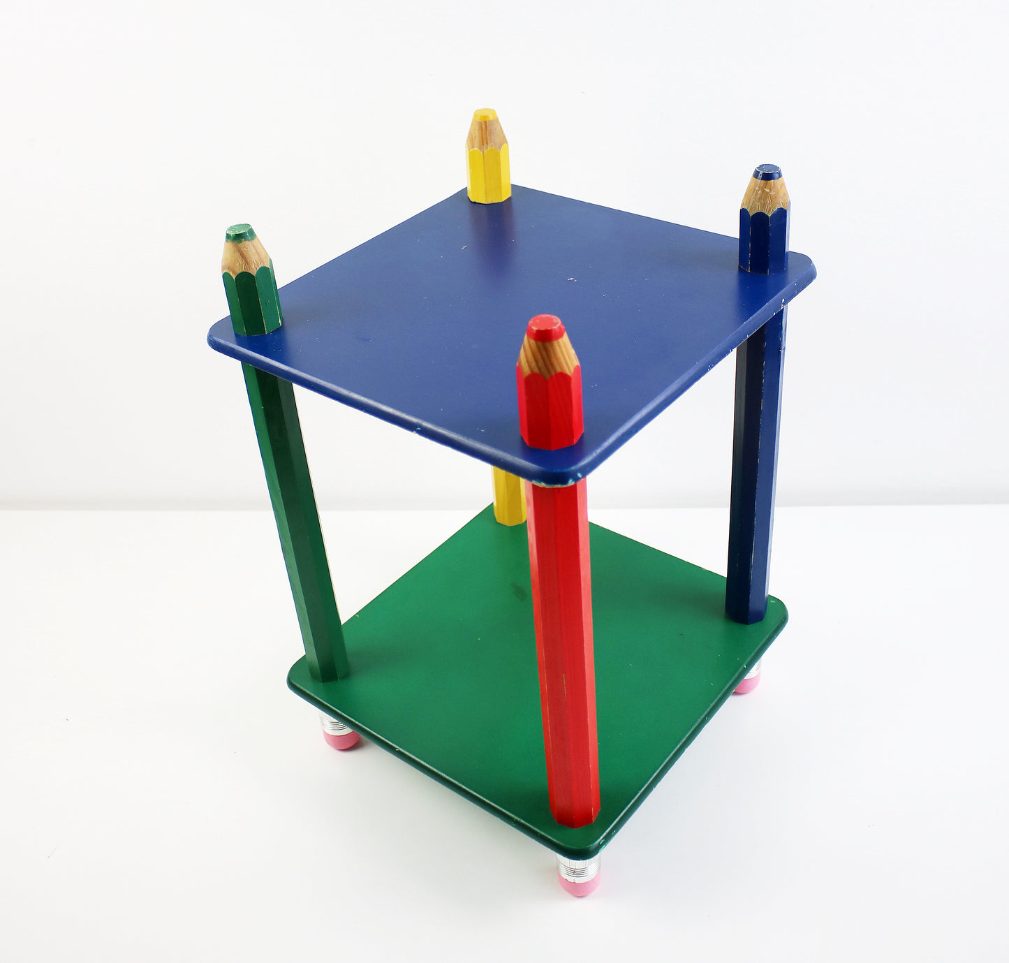 Postmodern wooden pencil shelf unit - 2 tier small - bedside / lamp table