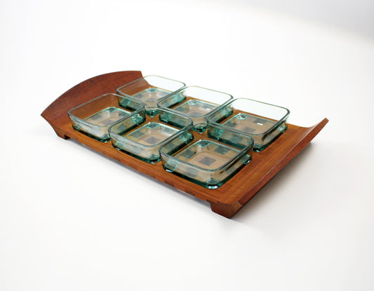 RESERVED RC - mid century glass top coffee table, jens quistgard tray, 1980s cocktail glasses
